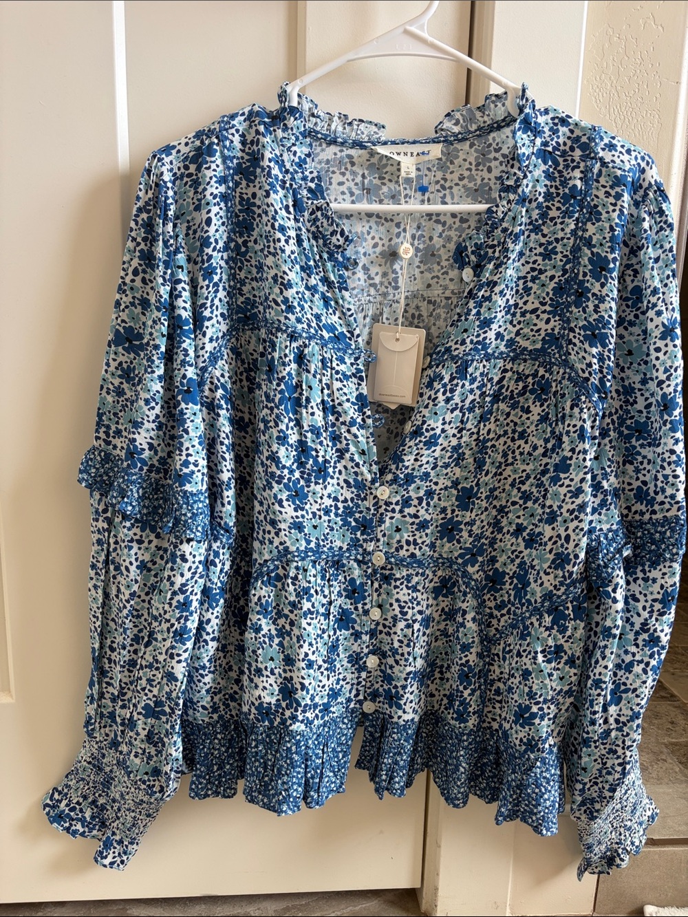 DownEast Blue Floral Button-Front Blouse